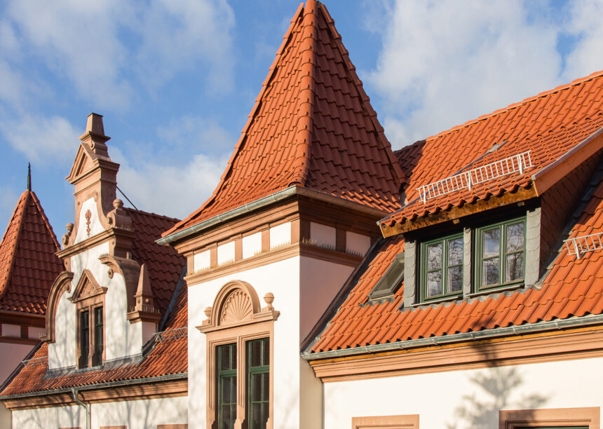 Dachausschnitt mit Firstziegel F1v am Grad der Stiftung mit Z5 Geradschnitt in naturrot dunkel.