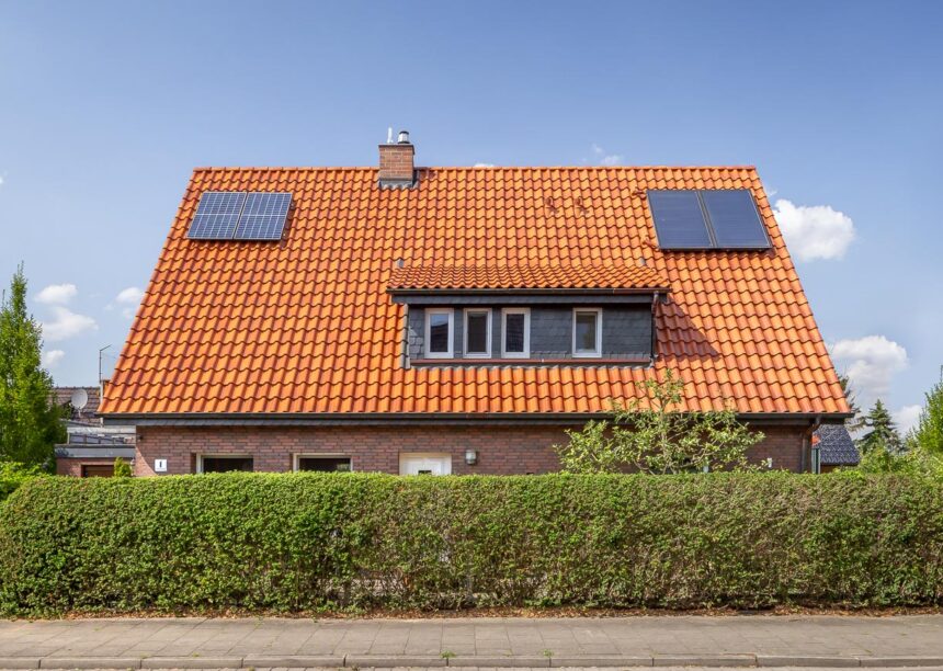 Gesamtansicht von Dachdetails von Einfamilienhaus mit Ziegel Z5 in friesisch-bunt Salzbrand