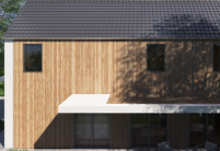 Extravagantes Haus mit Holzfassade und unserem Trendziegel J160 in edelspacegrau mit Terrasseneinblick