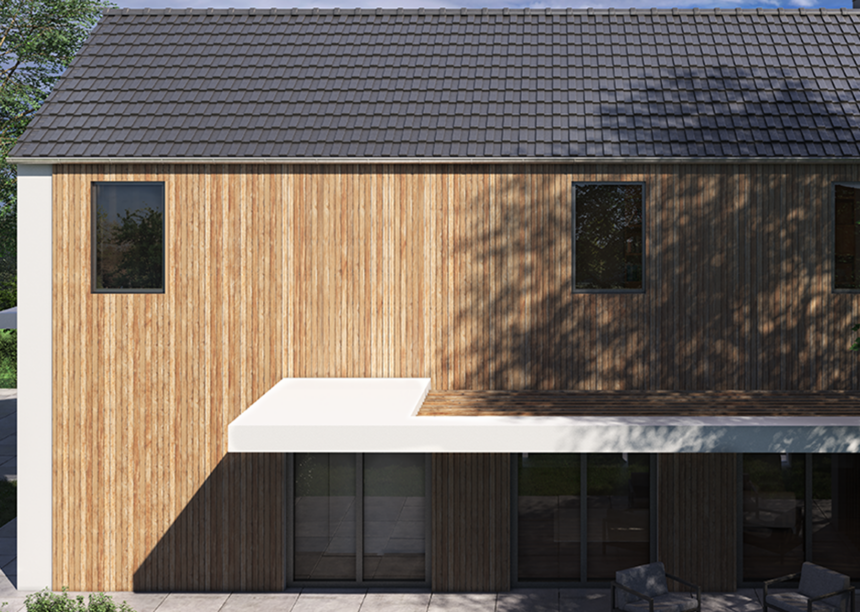 Extravagantes Haus mit Holzfassade und unserem Trendziegel J160 in edelspacegrau mit Terrasseneinblick