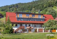 Bauernhaus mit Fachwerk, auf dem Dach der Biberschwanzziegel in edelmarone