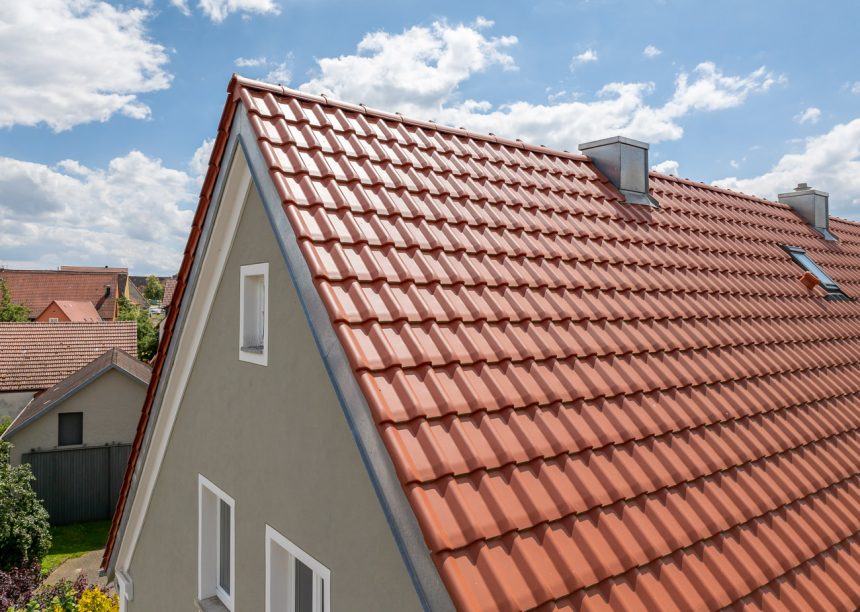 Sanierter Bauernhof mit Flachdachziegel W6v in rotbraun
