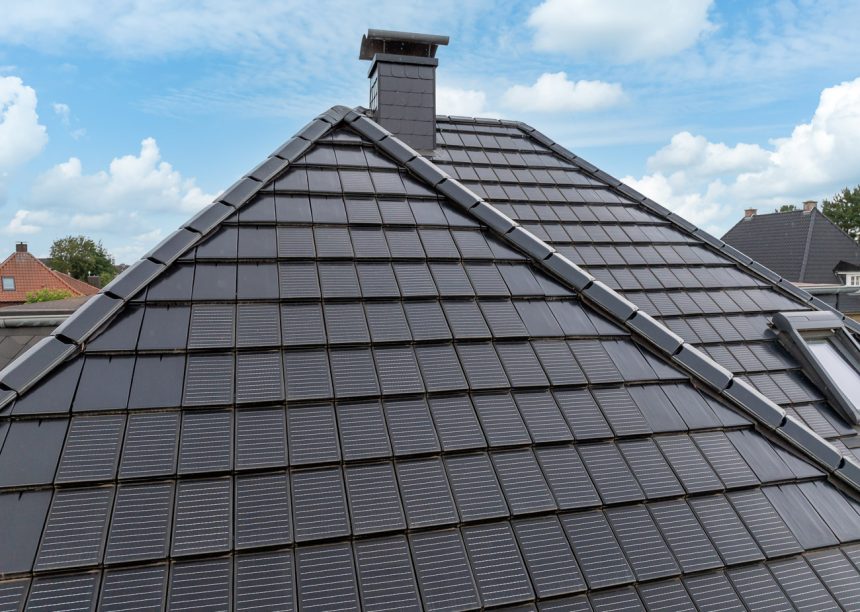 Dachansicht der historischen Villa mit Solarziegel Stylist-PV
