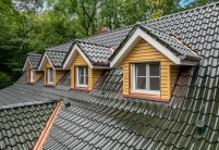 Hohlfalzziegel Z5 in tannengrün mit tollem Deckbild, Schwung auf dem Dach. Bildfokus auf die Gauben