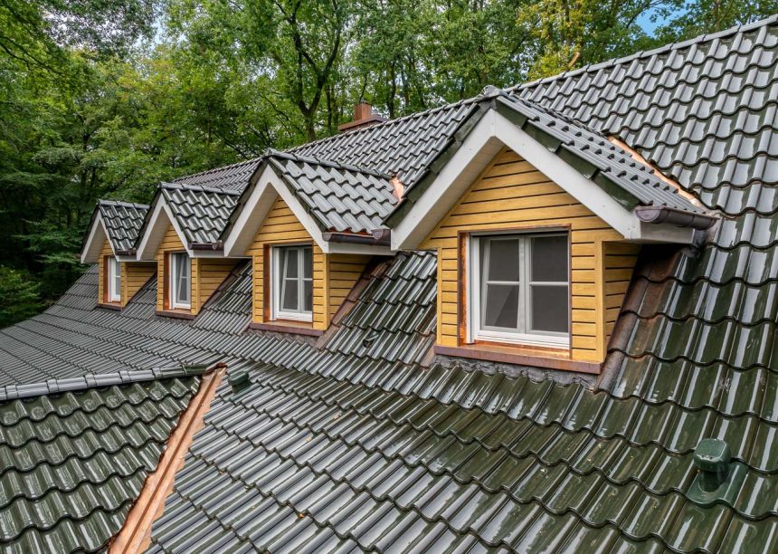 Hohlfalzziegel Z5 in tannengrün mit tollem Deckbild, Schwung auf dem Dach. Bildfokus auf die Gauben