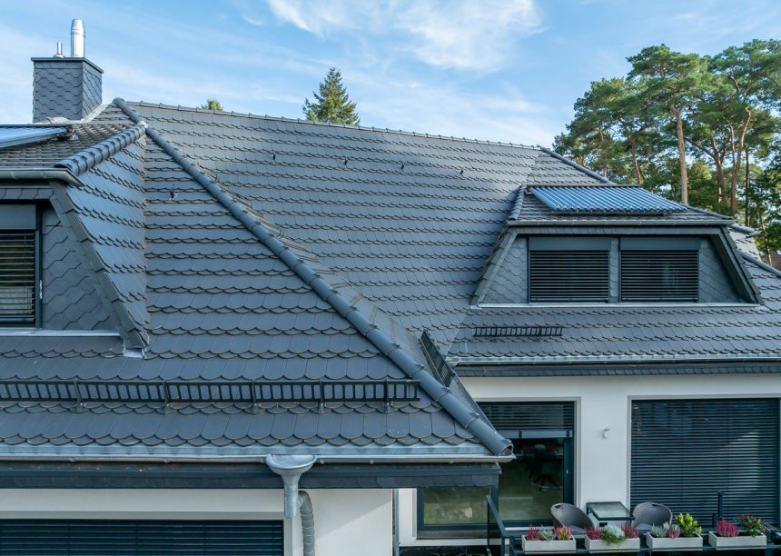 Biber im Rundschnitt in der Oberfläche edelschiefer auf Villa mit Schneefang