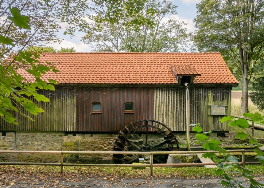 Schneidmühle der Stadt Steinach mit Fokus auf das Mühlrad und auf dem Dach der Zietgel K1 in naturrot