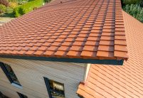 Firstdetails von Einfamilienhaus mit Dachziegel J160 in altrot mit Kurzrost auf Pultdach