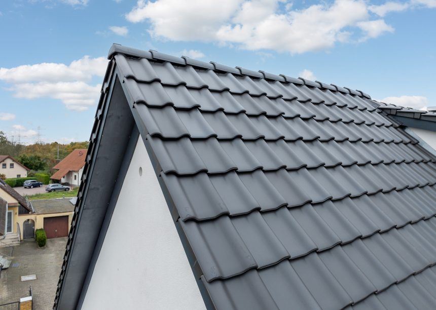 Details vom Ortgang und First bei sniertem Haus mit Dachziegel von Jacobi J11v in altschwarz