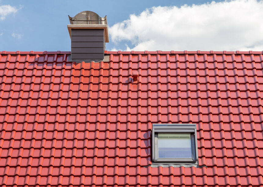 Saniertes Einfamilienhaus mit strahlend rotem Dach und Sanitärlüfter und Firstziegel F6v