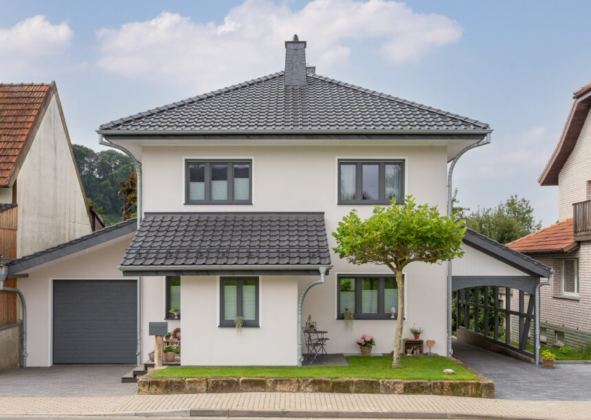 Tolles Haus mit J11v in lavagrau matt mit Zeltdach und Vordächer als Stilelement mit Vorgarten