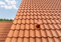 Dach und Giebel des Holzhauses mit naturrotem Z5 hier das Deckbild des Dachziegels im Fokus