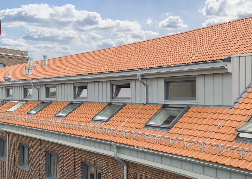 Flechtheimspeicher Münster mit Flachdachziegel J13v in naturrot