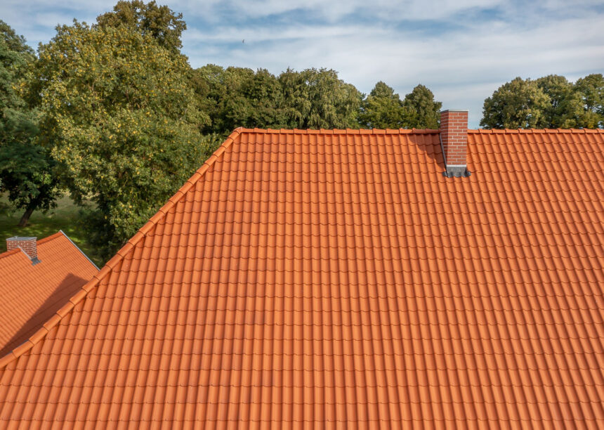 Denkmalgeschützes Gutshaus mit Hohlpfanne H2 in naturrot mit Details vom Deckbild und dem First F1