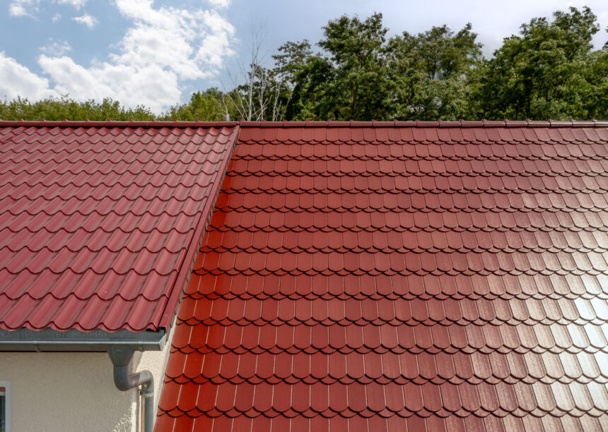 Kroneneindeckung auf Dachfläche mit süddeutschen Bibern Rundschnitt mit First konisch in der Edelengobe edelrosso auf saniertem Einfamilienhaus.