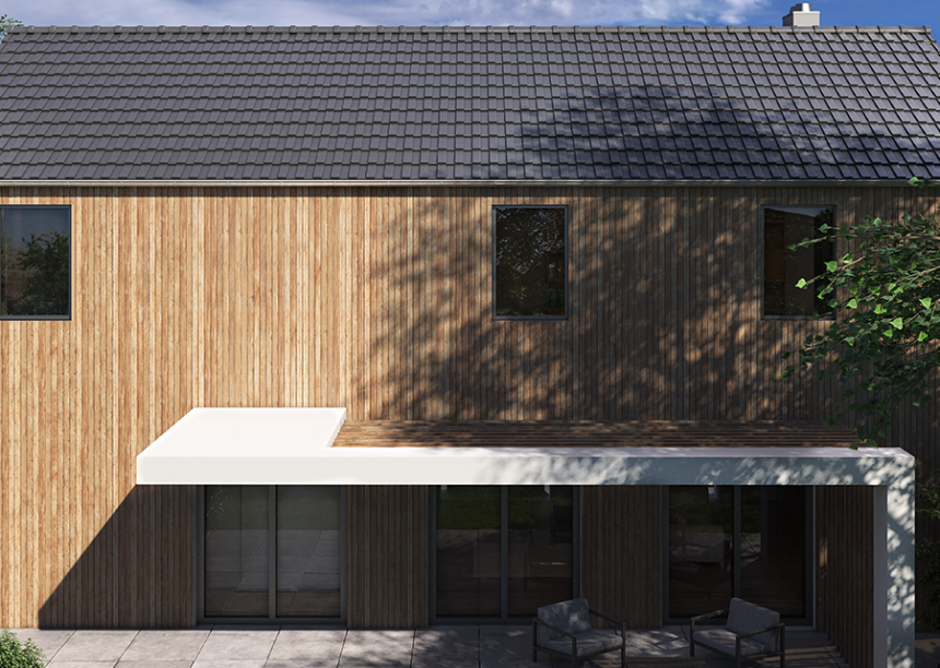 Extravagantes Haus mit Holzfassade und unserem Trendziegel J160 in edelspacegrau mit Blick auf die Terrasse