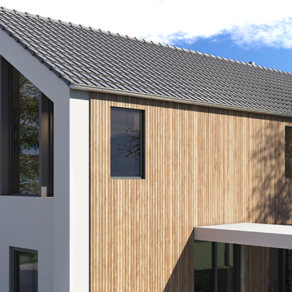 Extravagantes Haus mit Holzfassade und unserem Trendziegel J160 in edelspacegrau