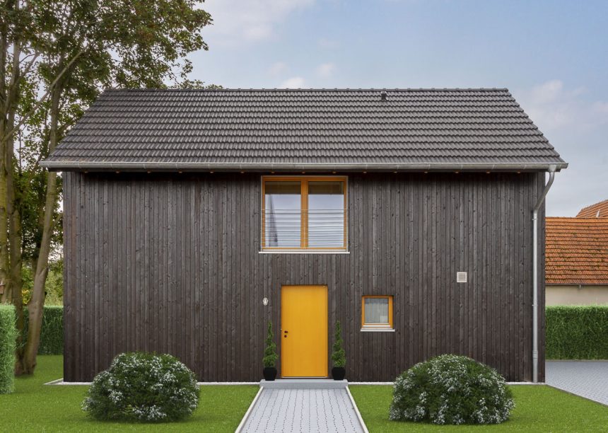 Geradliniges Holzhaus mit traditionellem Doppelmuldenfalzziegel Z2 in nachtgrau