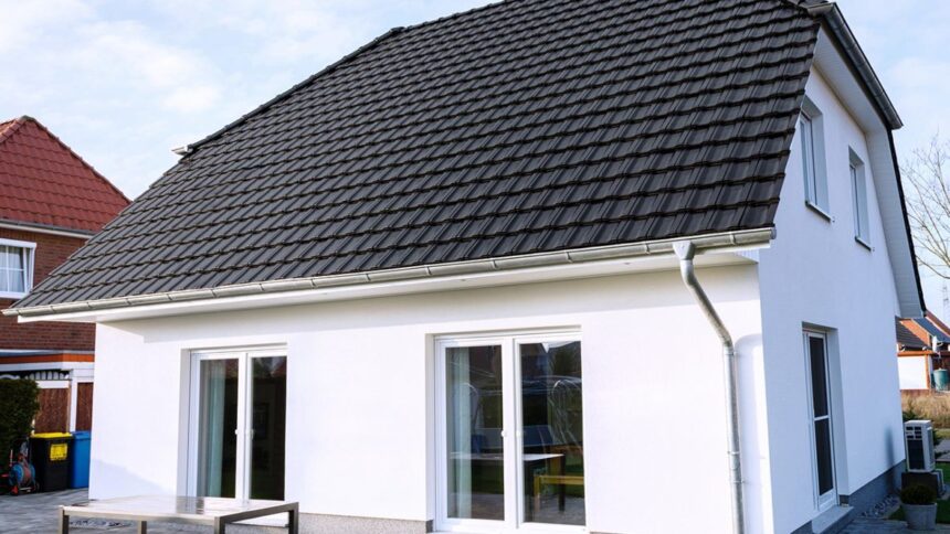 Klassisches Einfamilienhaus mit Krüppelwalmdach und Reformziegel Z10 in altschwarz fotografiert aus der hinteren Ansicht