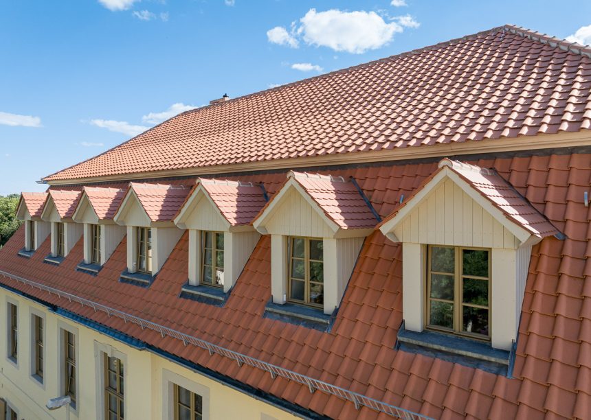 viele Satteldachgauben auf Mansarddach mit Dachziegel K1 - linksdecker