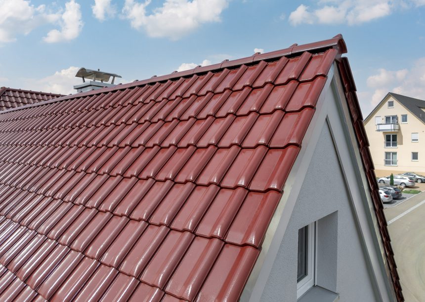 W6v in edelrosso auf L-förmigen Satteldach, der beliebte Dachziegel für Süddeutschland und Österreich - im Fokus die Ortgänge und Anfangsscheibe für den First