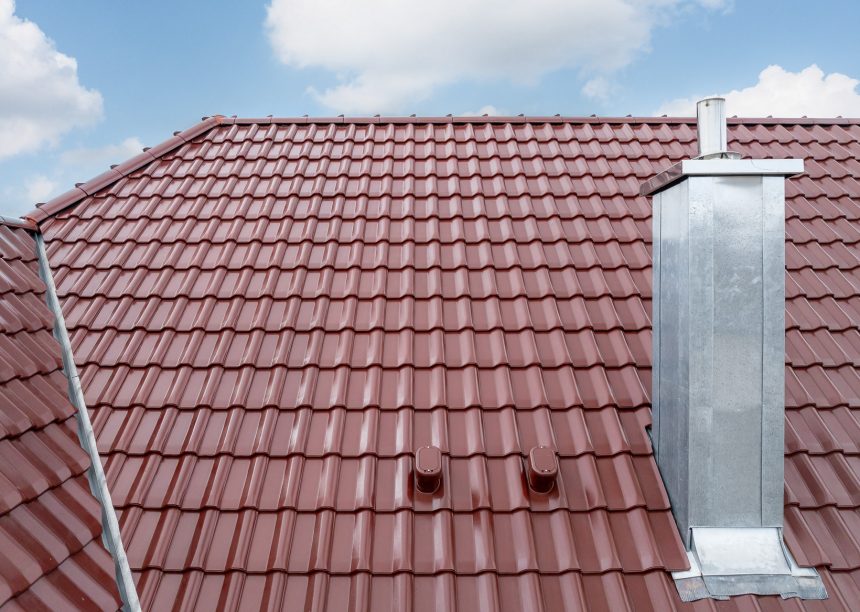 W6v in edelrosso auf L-förmigen Satteldach, der beliebte Dachziegel für Süddeutschland und Österreich hier mit Dachkehle und Sanilüfter im Fokus