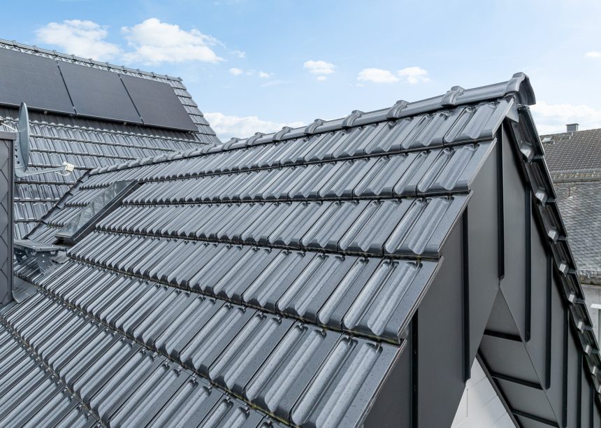 Ortgang Tradition, Doppelmulde von Jacobi Dachziegel, im Detail fotografiert, Farbe edelspacegrau