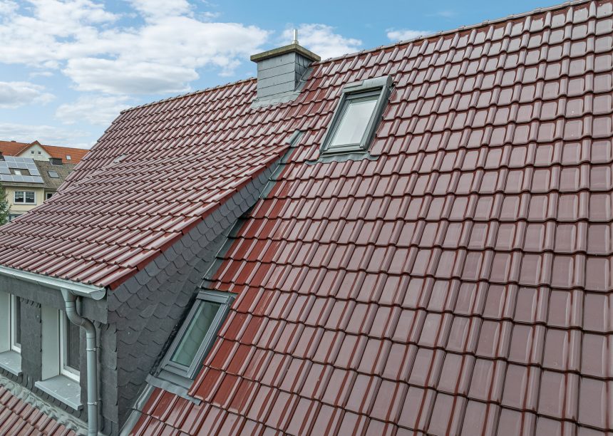 Saniertes Klinkerhaus mit J11v im dunklen Rotton edleweinrot, Flachdachziegel von Jacobi J11v mit Schleppdachgaube und Schiefer