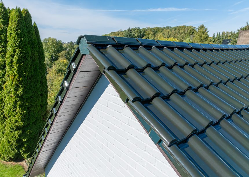 Dach mit Ziegelmodell J13v in tannengrün, einem sehr edlen Dunkelgrün, hier die Giebelansicht