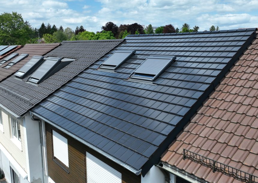 Reihenhaus mit Solarziegel Stylist- PV, die Photovoltaik-Lösung, die ohne zusätzliche Brandabstände eindeckbar ist. Hier in der schrägen Dachansicht
