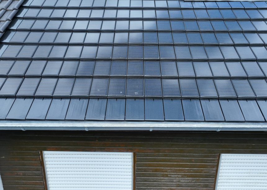 Reihenhaus mit Solarziegel Stylist- PV, die Photovoltaik-Lösung, die ohne zusätzliche Brandabstände eindeckbar ist. Harte Bedachung